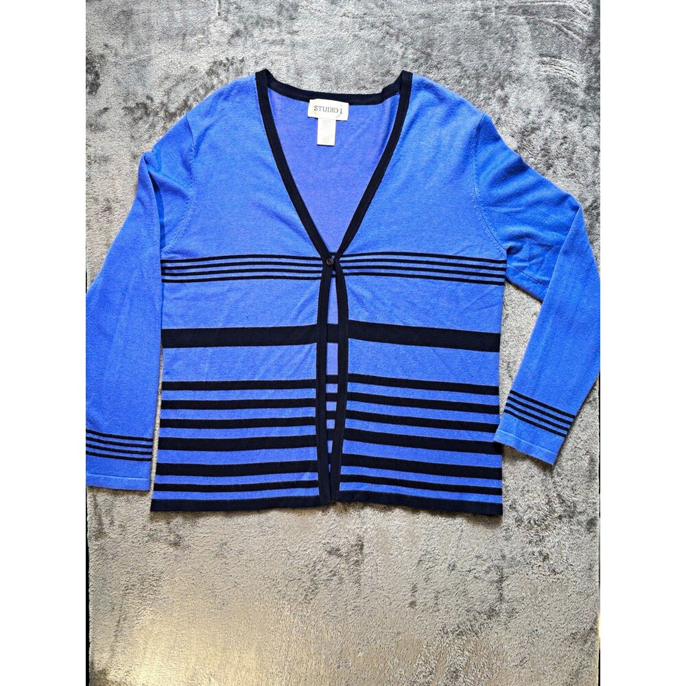 Studio I Women's Striped Knit V-Neck Button Cardigan Sweater Blue Black 12